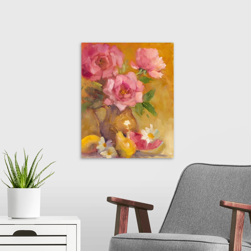 A modern room featuring Still life painting of three pink roses in a vase with fruit slices.