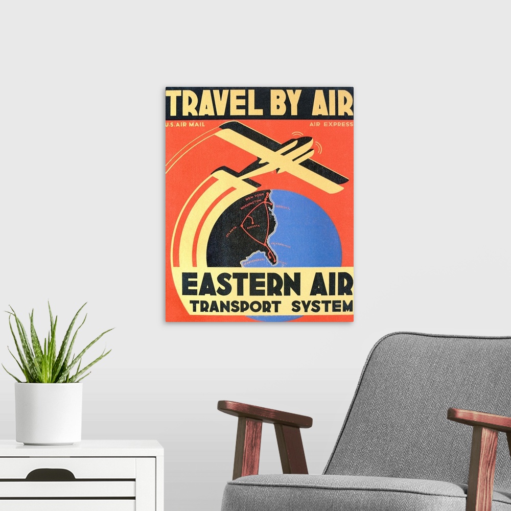 A modern room featuring An Eastern Air Transport System display card from 1932 showing it's routes along the east coast o...