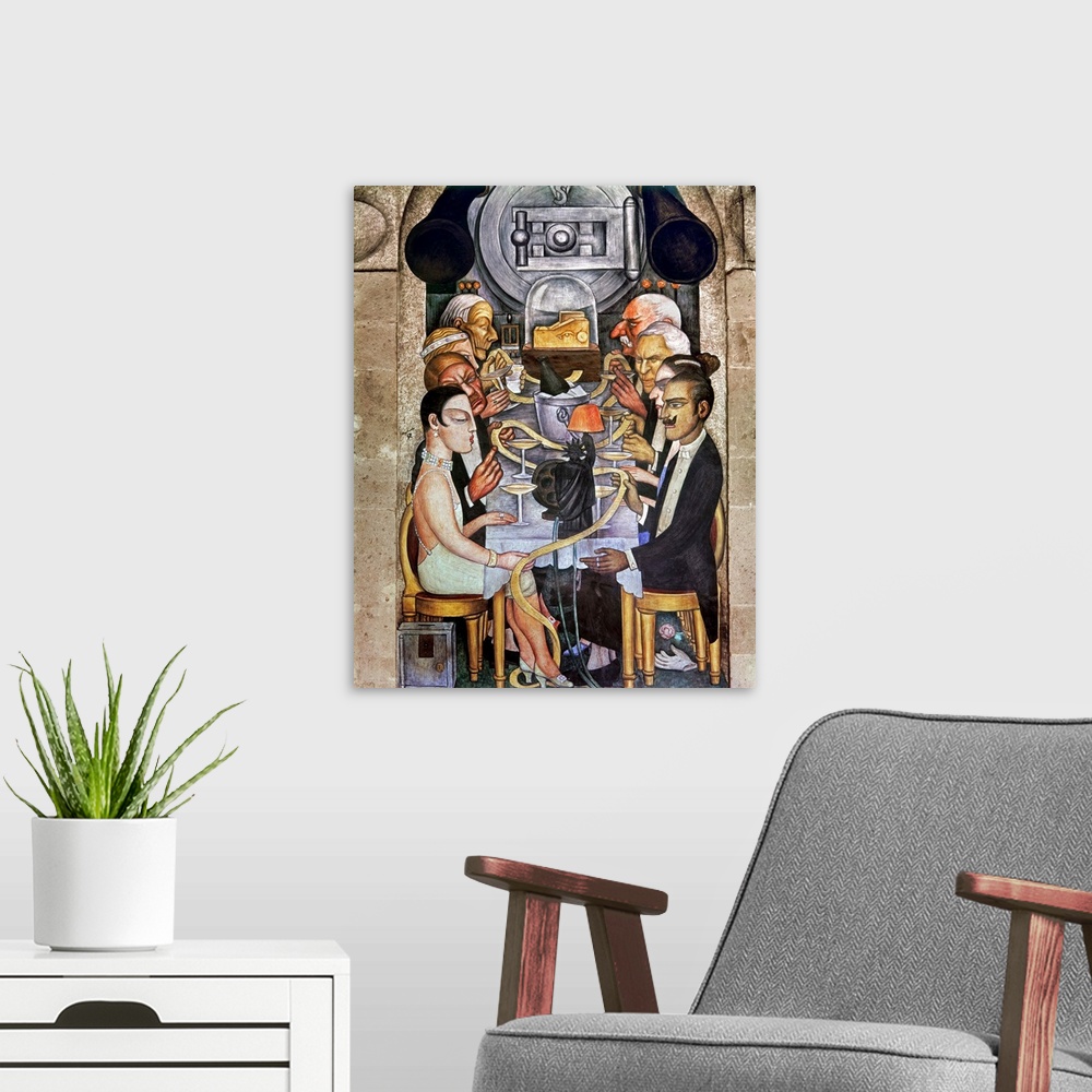 A modern room featuring 'The Wall Street Banquet.' Wealthy American industrialists read a golden ticker tape. Among them ...