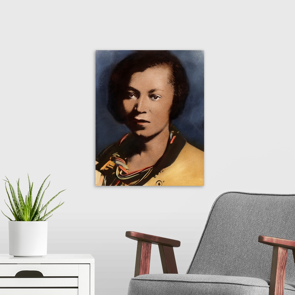 A modern room featuring ZORA NEALE HURSTON (1903?-1960). American writer and anthropologist. Oil over a photograph, n.d.