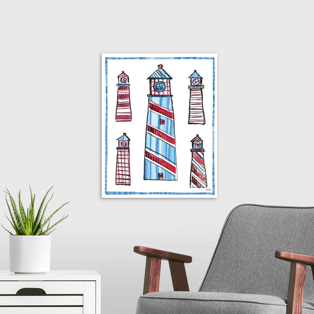 A modern room featuring A decorative design of lighthouses in red and blue on a white background with a blue border.