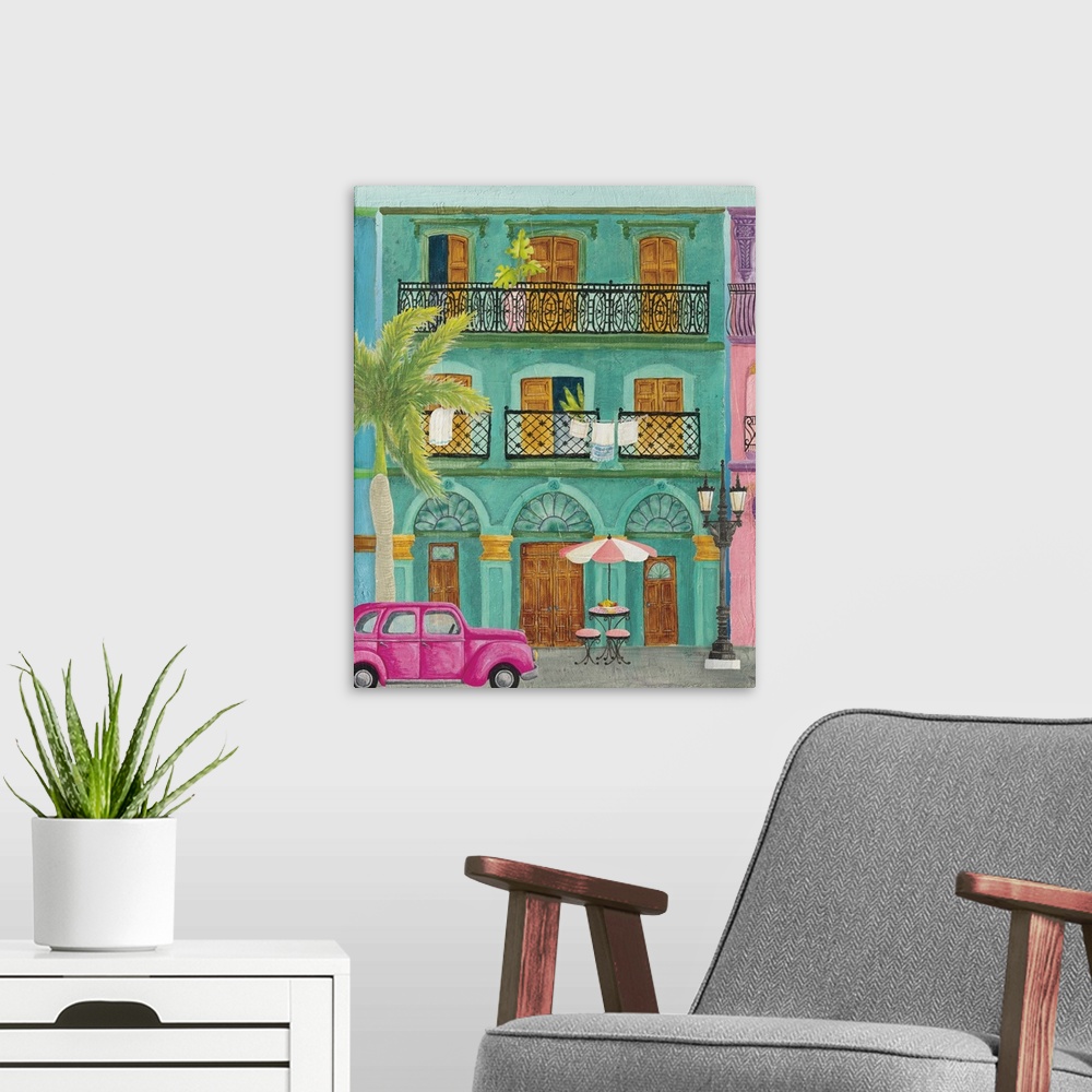A modern room featuring Vertical contemporary painting of a colorful teal building in Havana with a pink vintage car park...