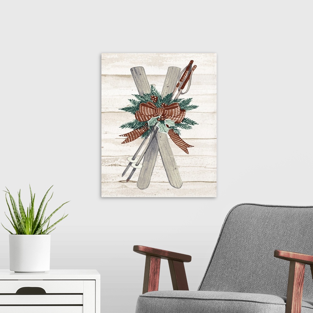 A modern room featuring Seasonal decor with watercolor painted skis and ski poles decorated with pine needles, berries, h...