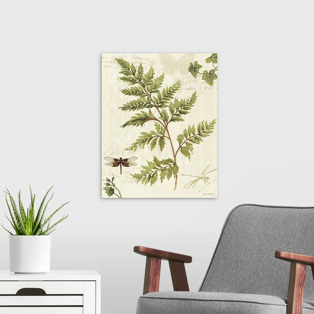 A modern room featuring Large canvas of a painted dragonfly and fern on top of a neutral background with text overlaid.