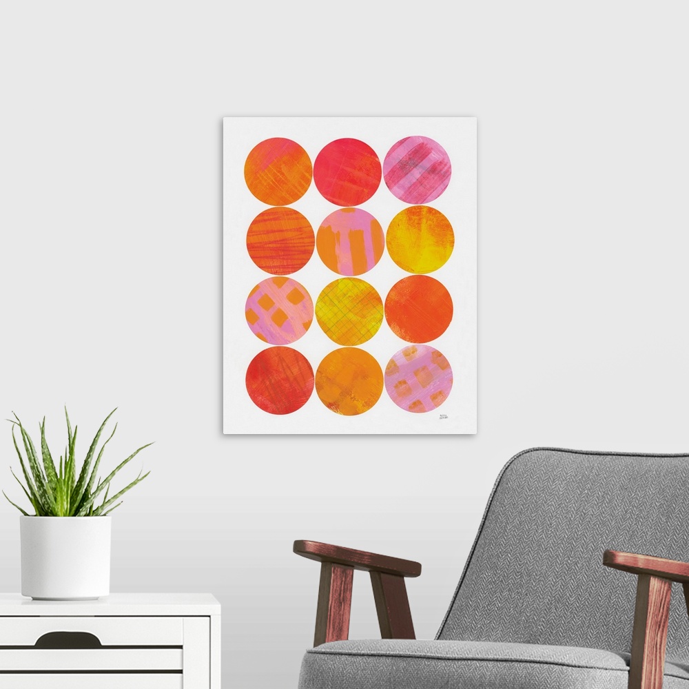 A modern room featuring Vertical contemporary design of circles of bright brush stroked colors in rows.