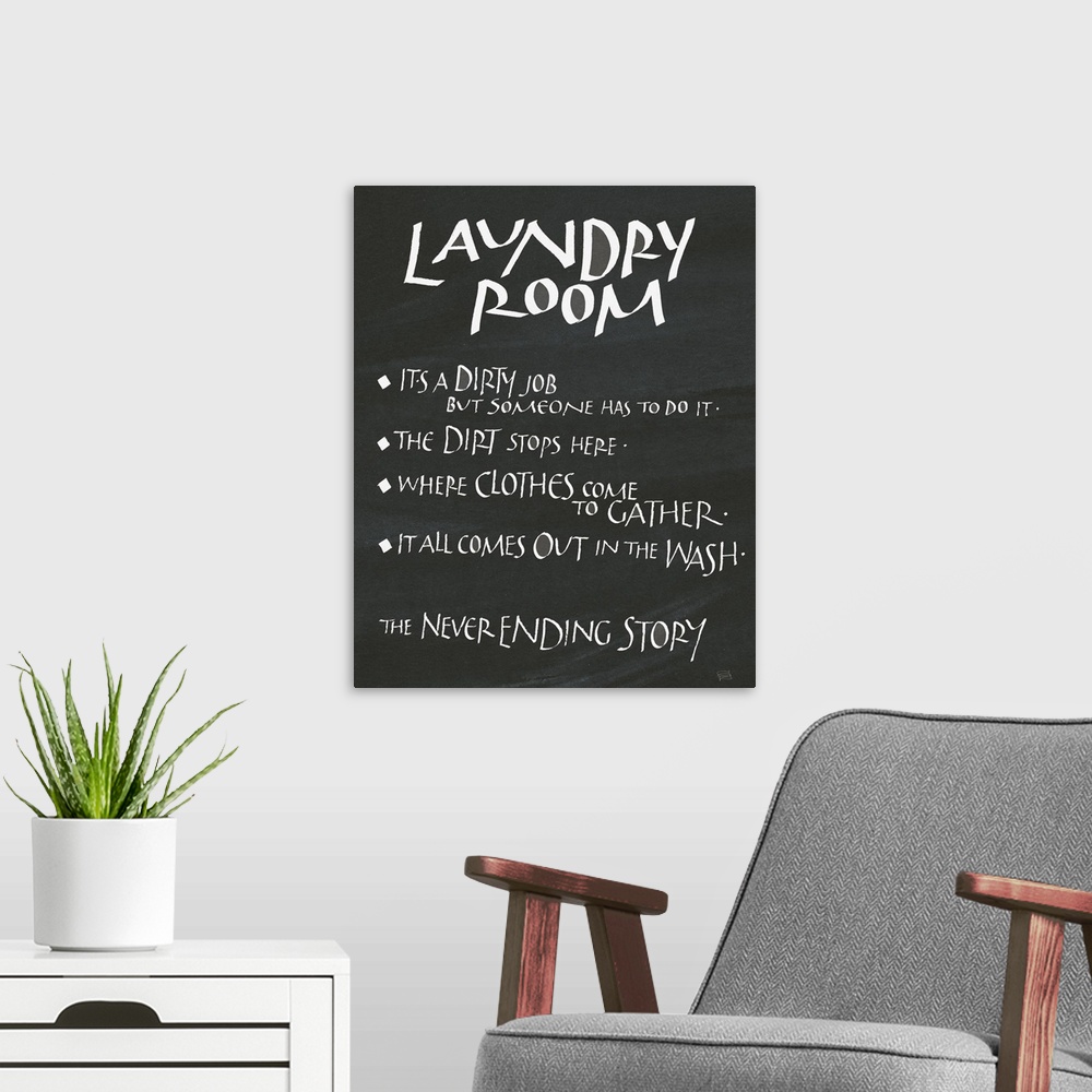 A modern room featuring A funny "Laundry Room" design on a chalkboard backdrop.