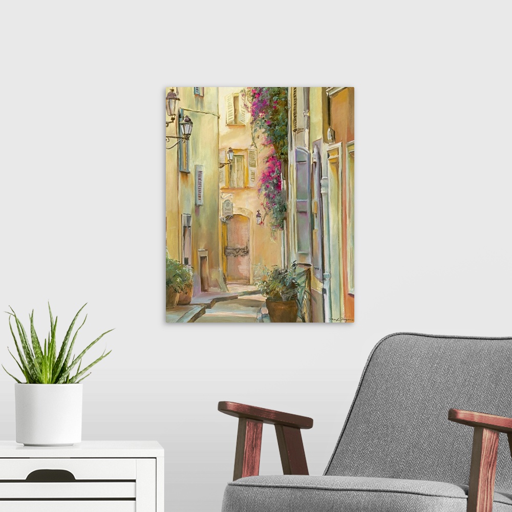 A modern room featuring Painting of village alleyway lined with buildings full of windows and flower pots.