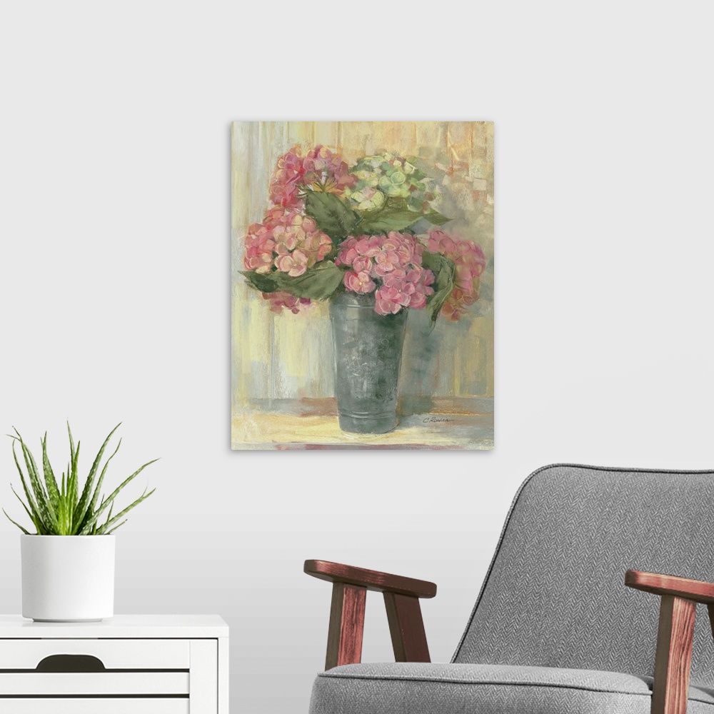 A modern room featuring Painting of tall tin vase filled with pastel colored flowers.