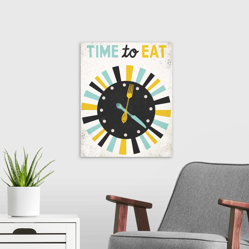 A modern room featuring Cute retro sign featuring a clock with a knife and fork for hands.