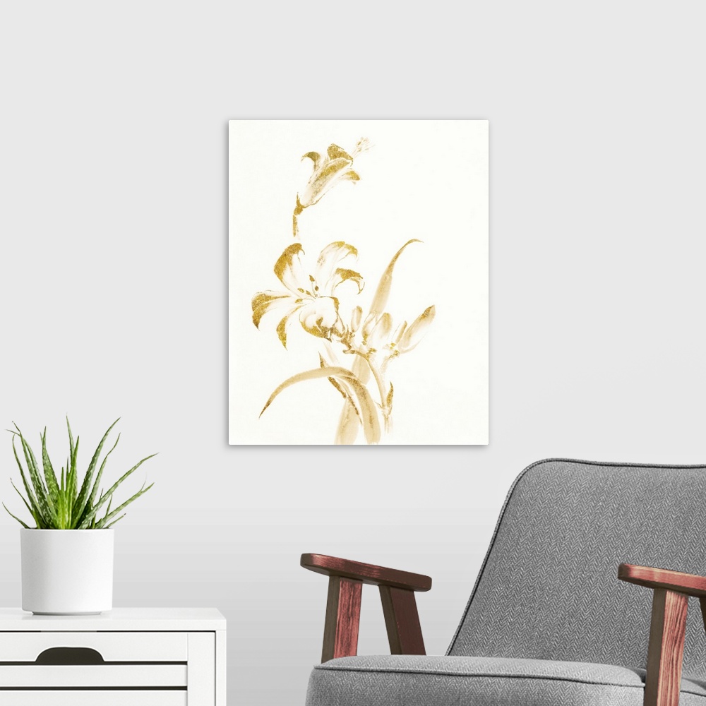 A modern room featuring Vertical watercolor painting of a day lily in metallic gold against a white background.