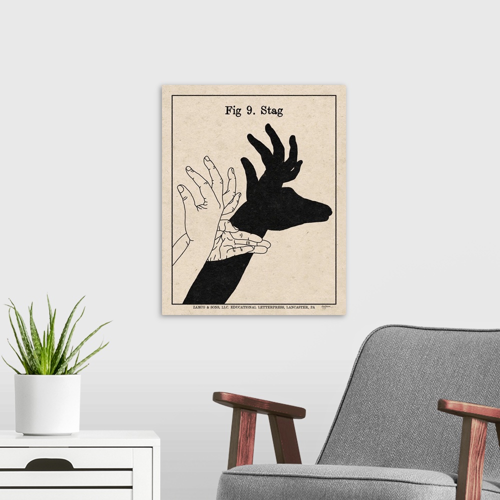 A modern room featuring Instructional illustration of a stag hand shadow puppet.