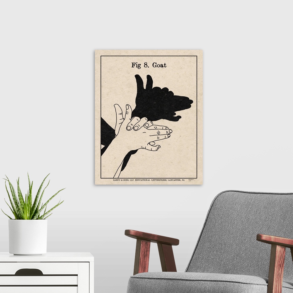 A modern room featuring Instructional illustration of a goat hand shadow puppet.