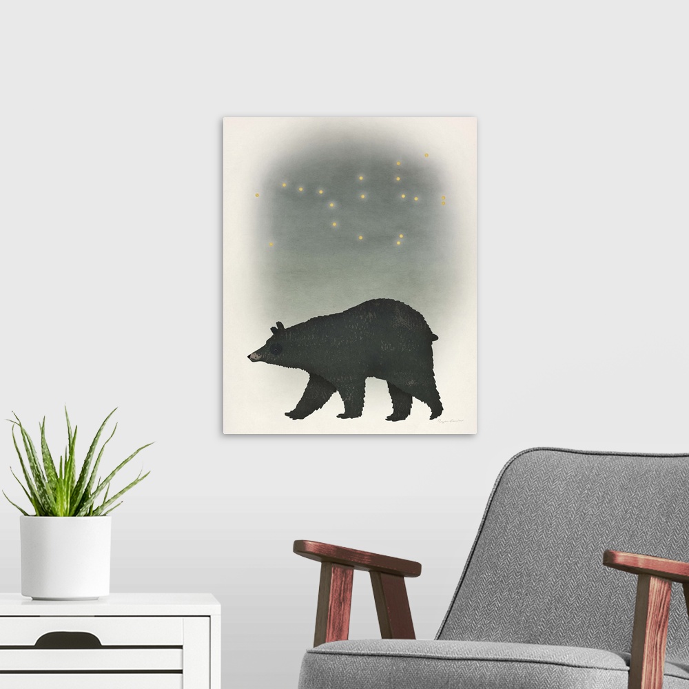 A modern room featuring Illustration of a black bear and a starry night sky.