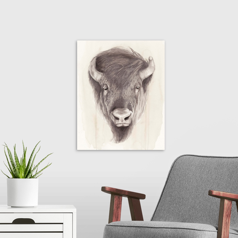 A modern room featuring Contemporary illustration of a bison head against a tan background.