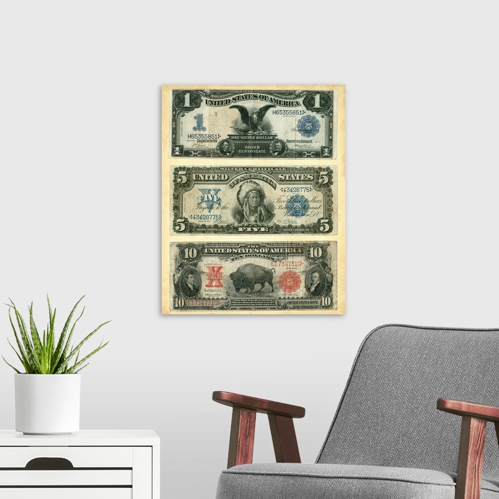 A modern room featuring Antique Currency VI