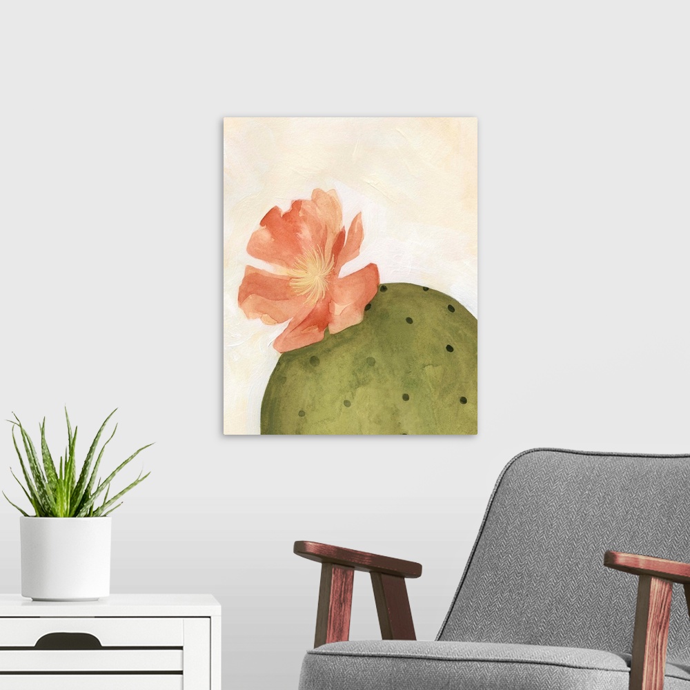 A modern room featuring Contemporary painting of a bloom on the top of a cactus on a neutral backdrop.