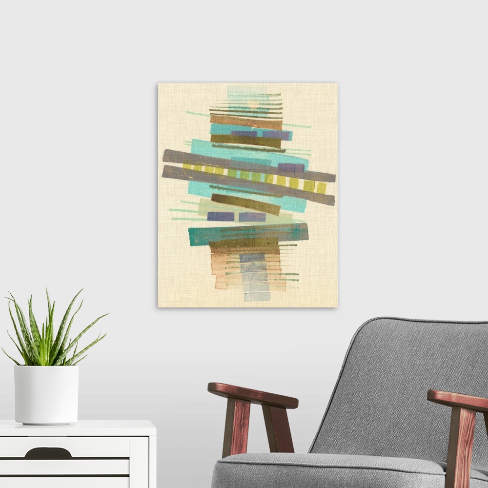 A modern room featuring Mid-century inspired abstract artwork using muted colors in stacked rectangular shapes.