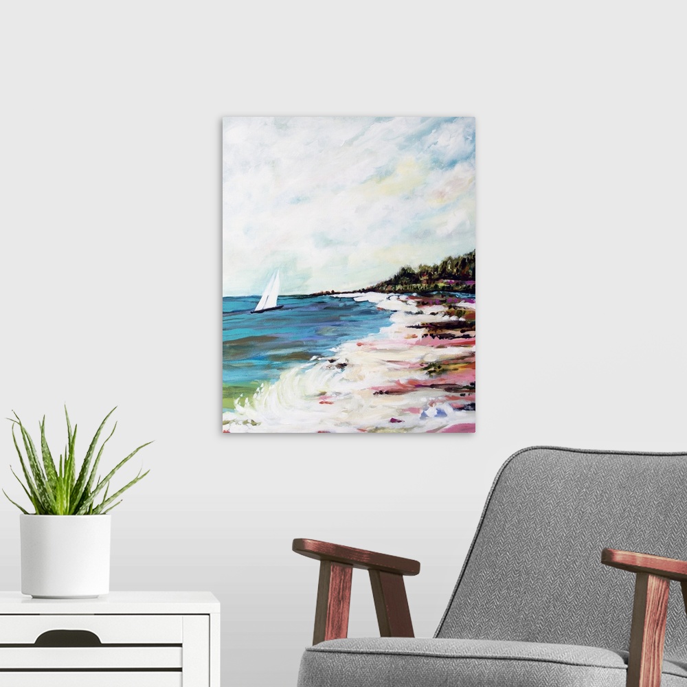 A modern room featuring Contemporary artwork of ocean waves on the beach, with a sailboat in the distance.