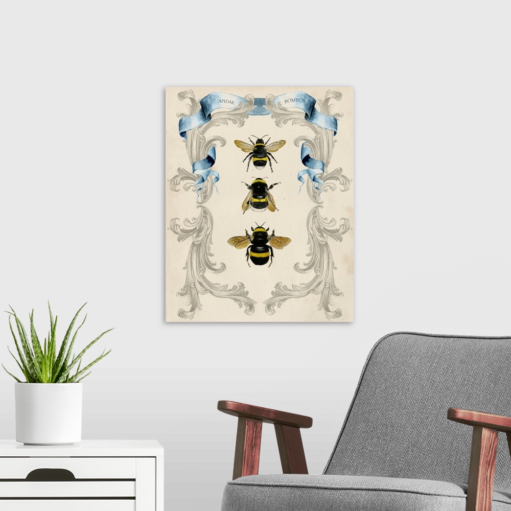 A modern room featuring Vintage illustration of three bees framed with blue ribbons and floral embellishments.