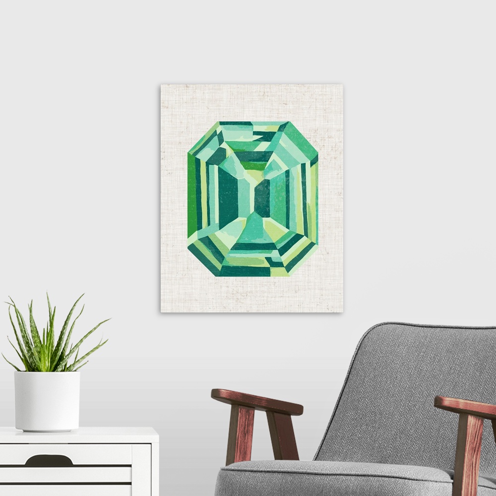 A modern room featuring Gemstone painting with geometric facets in shades of green.