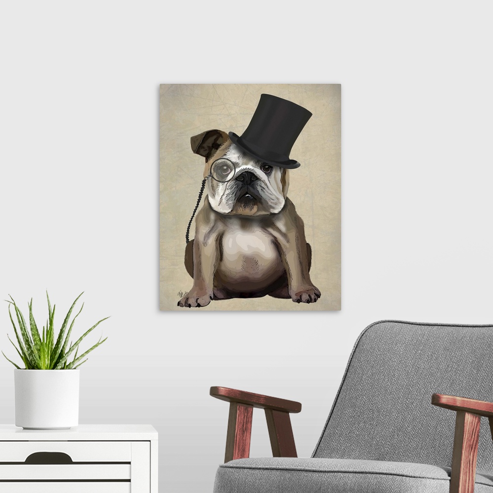 A modern room featuring A sharp-dressed bulldog wearing a monocle and top hat.