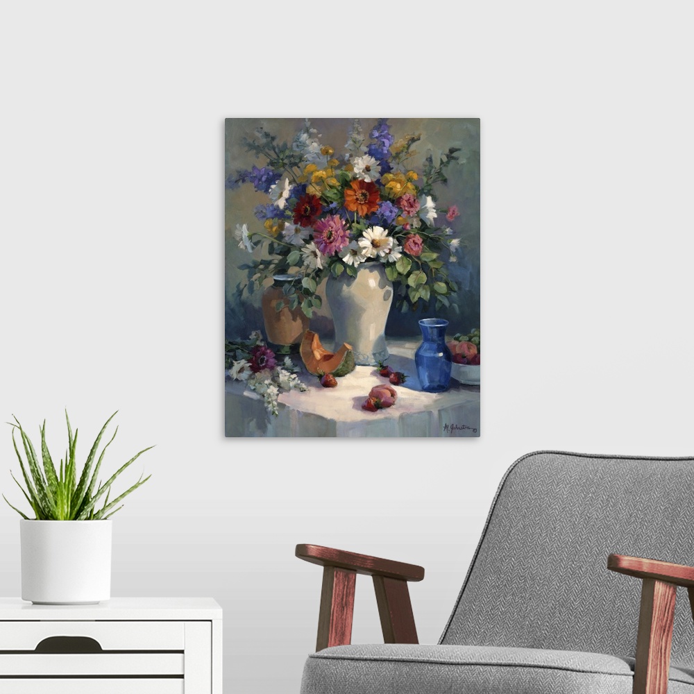 A modern room featuring Contemporary still-life painting of a decorative vase holding colorful flowers.