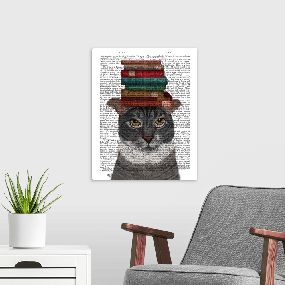 A modern room featuring Grey Cat with Books on Head