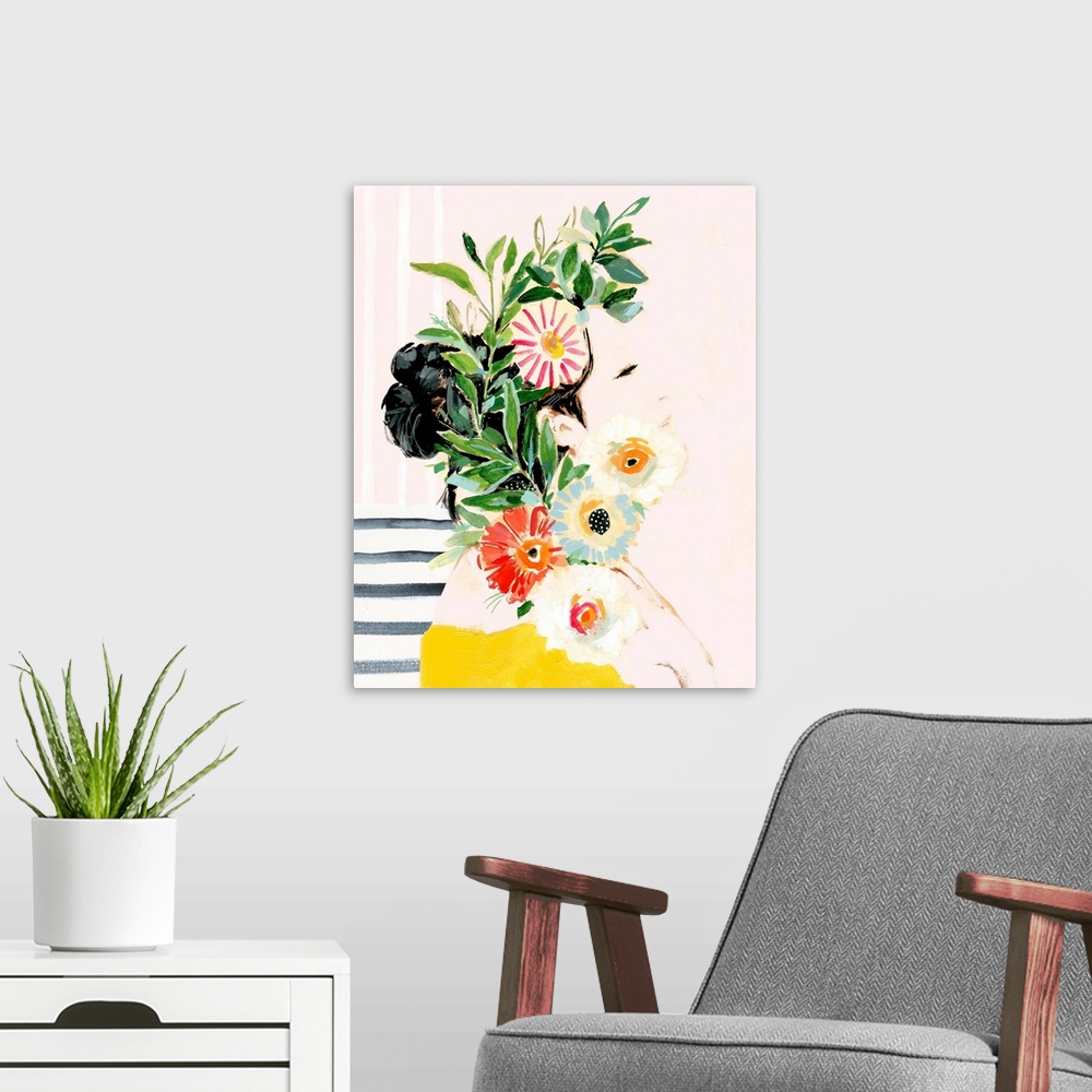 A modern room featuring Contemporary figurative painting of a woman covered in flowers.
