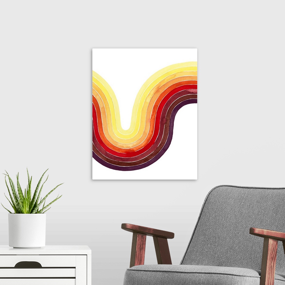 A modern room featuring Contemporary abstract watercolor painting of a curved shaped in warm tones from eggplant to daffo...