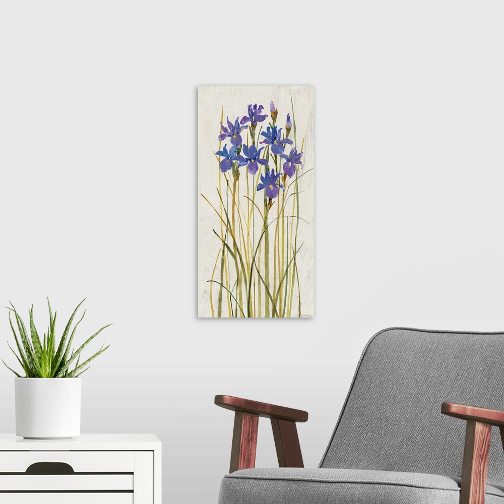 A modern room featuring Contemporary artwork of tall blooming irises.