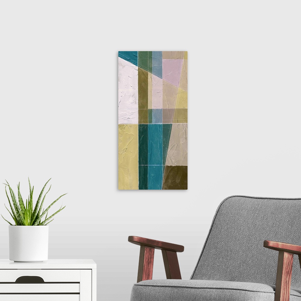 A modern room featuring Retro mid-century stylized painting using muted tones and geometric shapes.