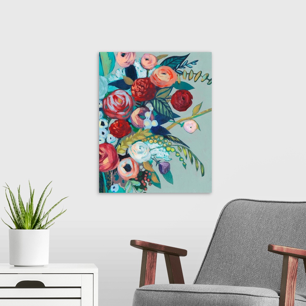 A modern room featuring Painting of a colorful bouquet of flowers.