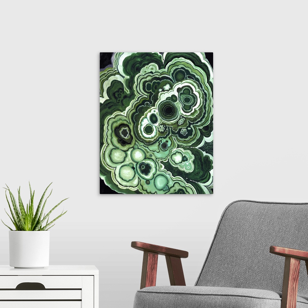 A modern room featuring Abstract painting in bubbling green concentric shapes, resembling a polished malachite gemstone.