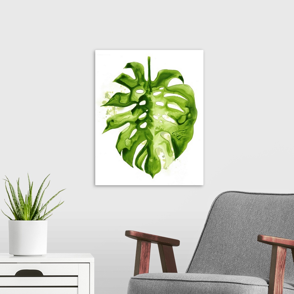 A modern room featuring Vibrant green broad tropical leaf on white.