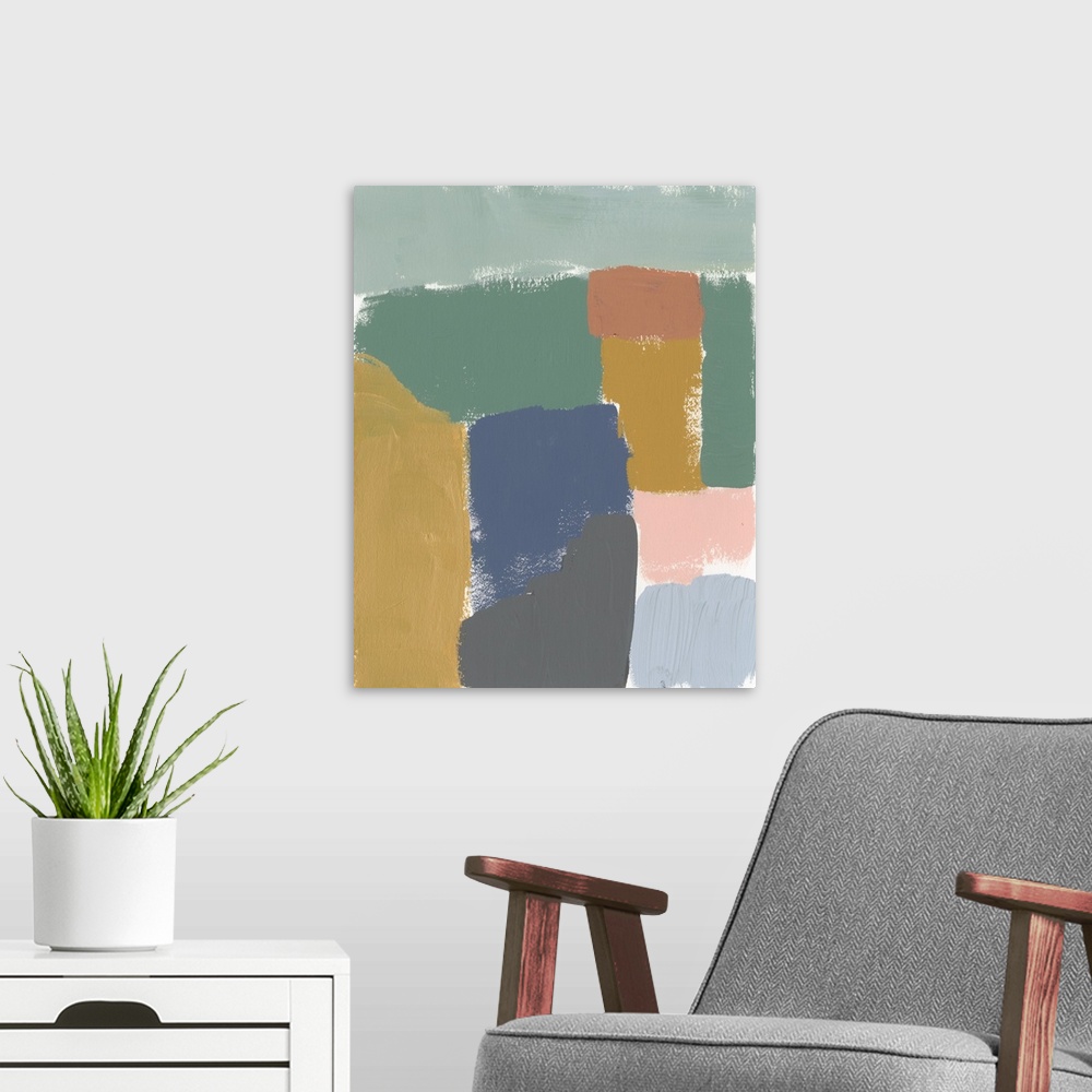 A modern room featuring This abstract artwork features blocks of muted colors with feathered dry brush edges over a white...