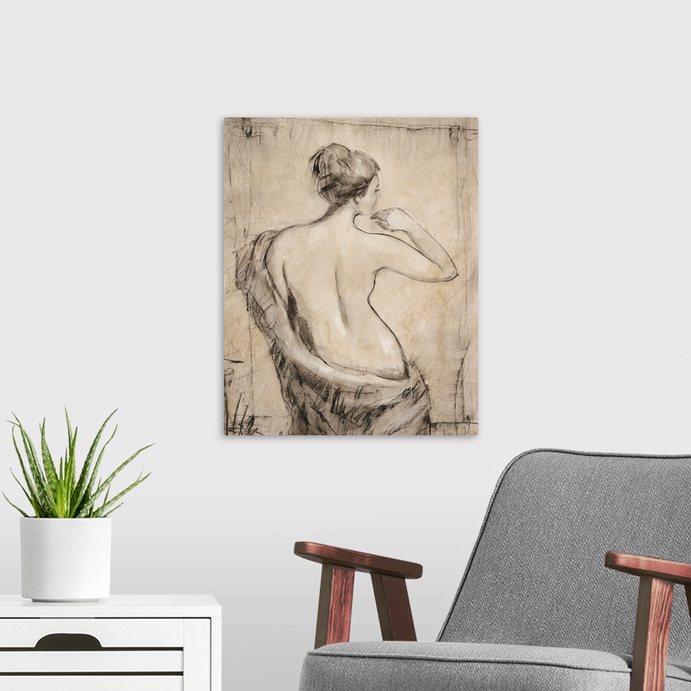 A modern room featuring Figurative artwork of a nude female standing with a cloth draped around the back of her.