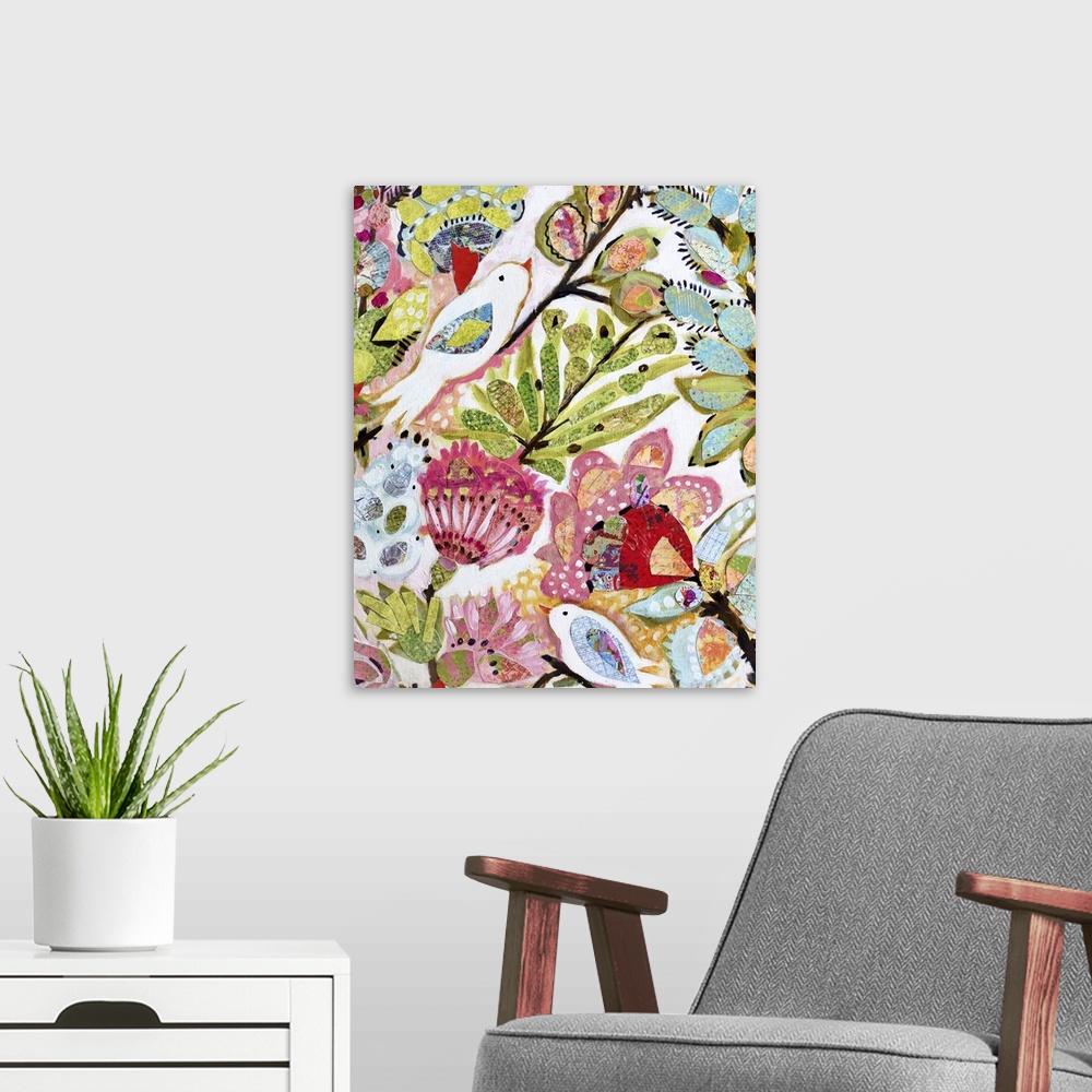 A modern room featuring Boho style artwork of white birds surrounded by colorful tropical flowers and leaves.