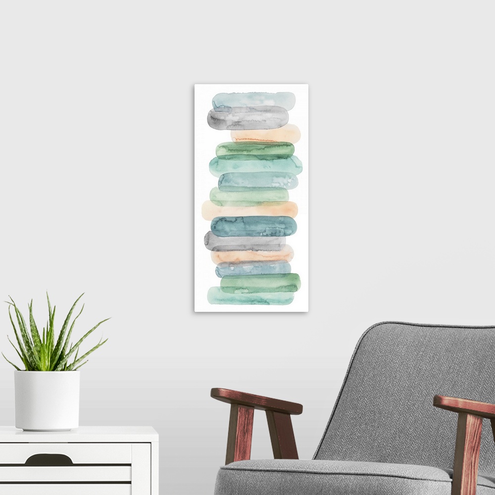 A modern room featuring Horizontal oval shapes in pastel colors are stacked on top of each other in this vertical contemp...