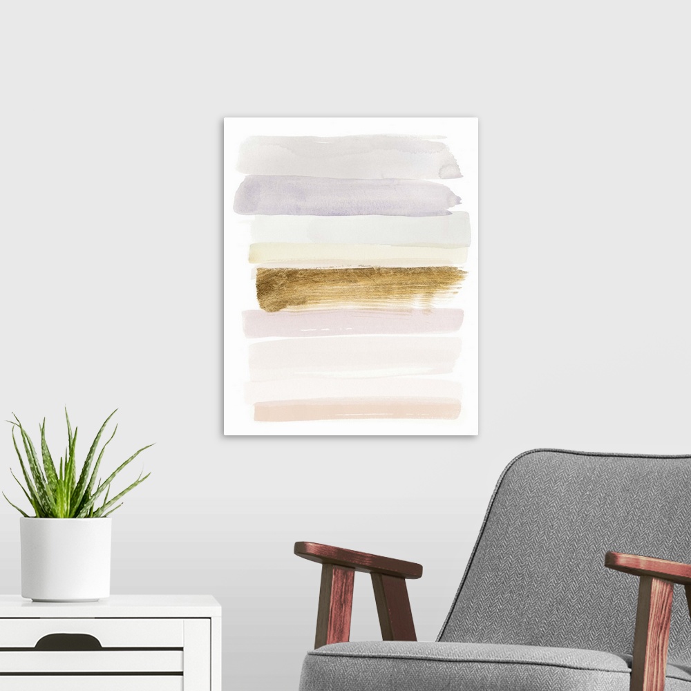 A modern room featuring Abstract painting using pastel colors in horizontal strokes with a dark strokes in the center.