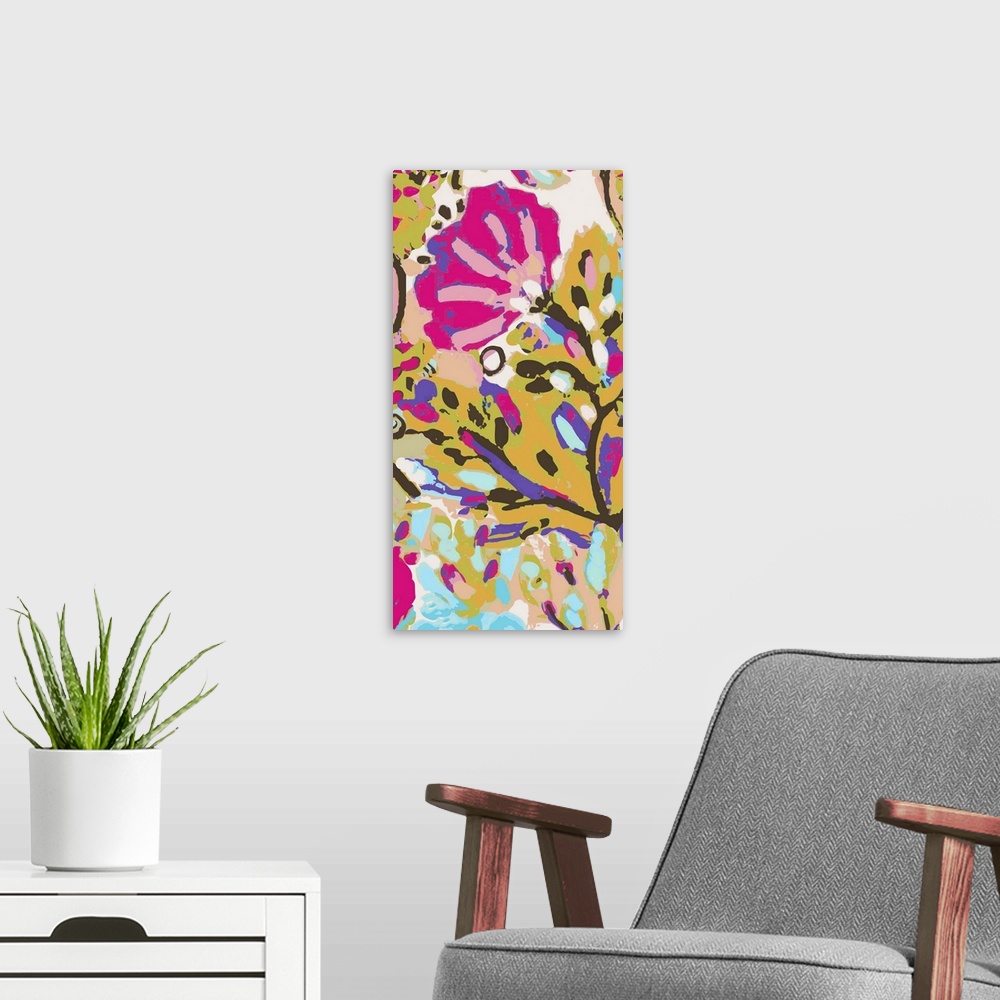 A modern room featuring Festive floral artwork in pink and purple on dusty yellow.
