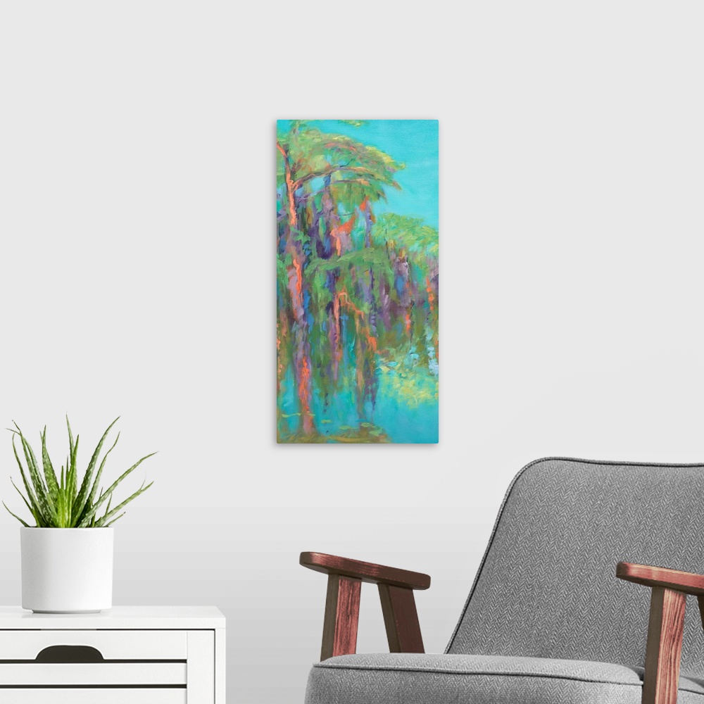 A modern room featuring Contemporary artwork of tropical palm trees lining the water.