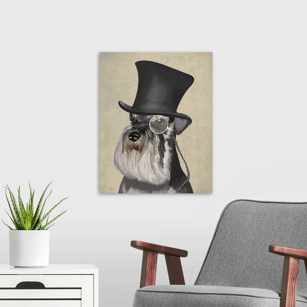 A modern room featuring A sharp-dressed schnauzer wearing a monocle and top hat.
