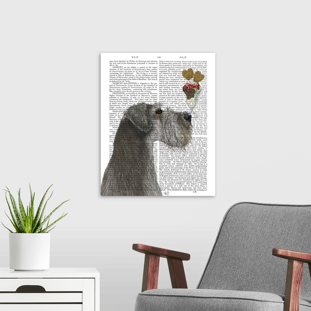 A modern room featuring Decorative artwork of a Schnauzer balancing an ice cream sundae on its nose, painted on the page ...