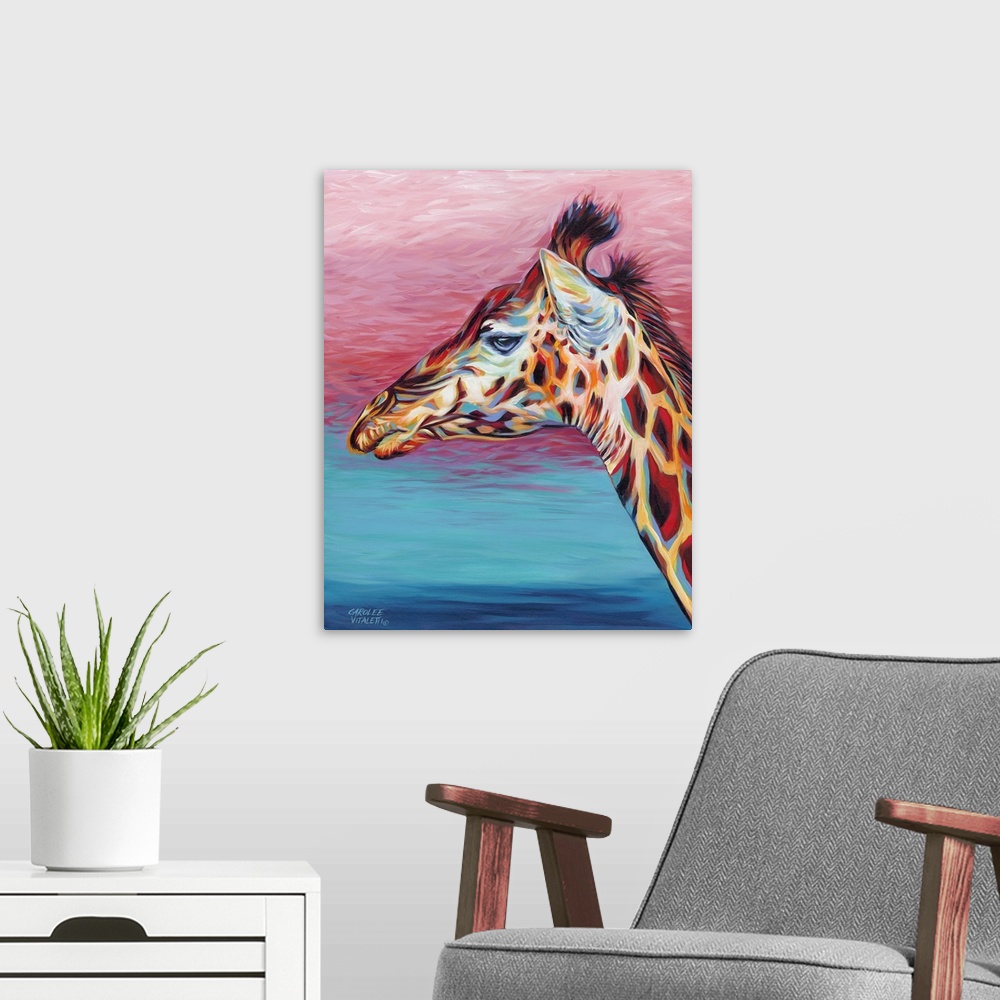 A modern room featuring Contemporary painting of a giraffe using swirling paint strokes.