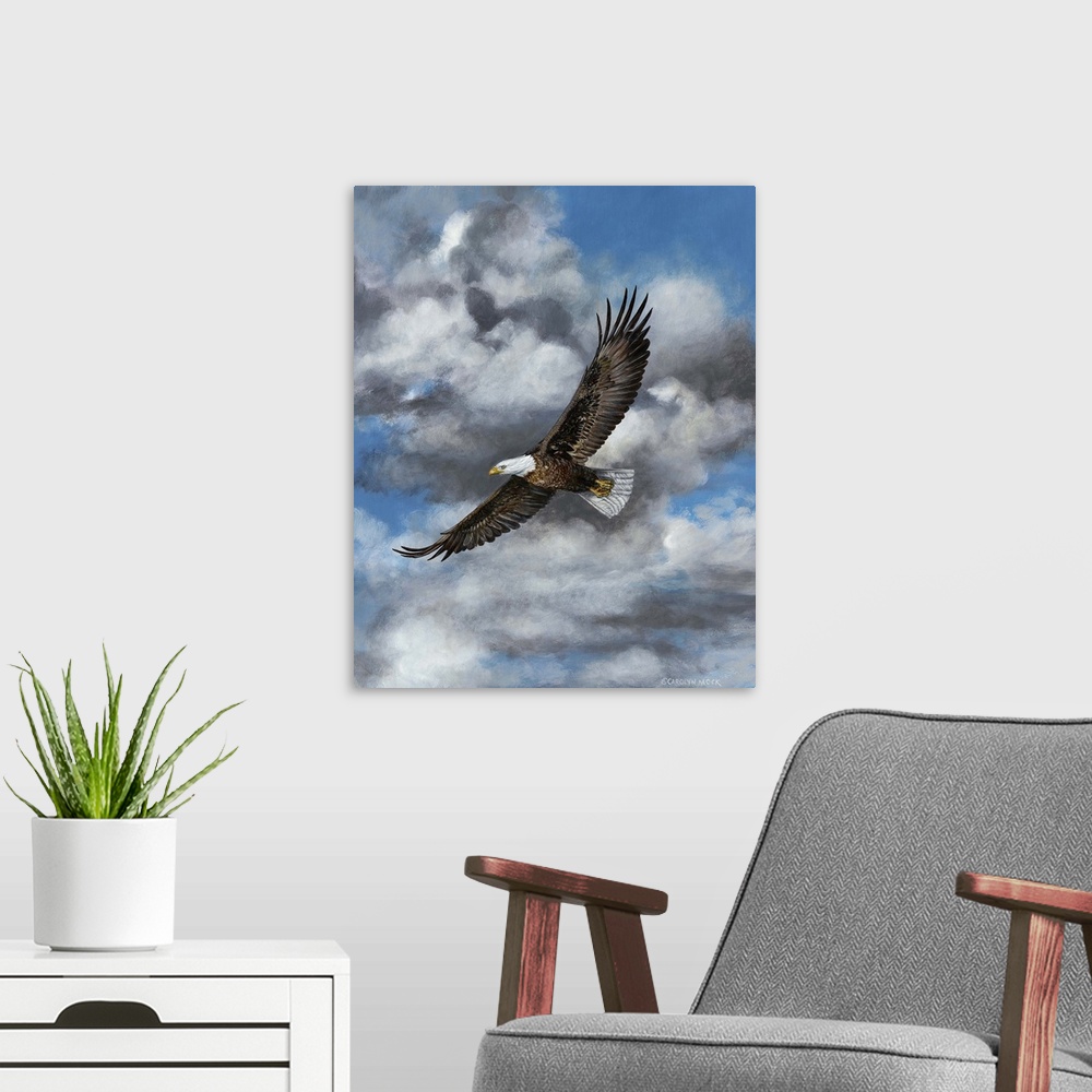 A modern room featuring Contemporary painting of a bald eagle in mid flight in blue sky with fluffy clouds.