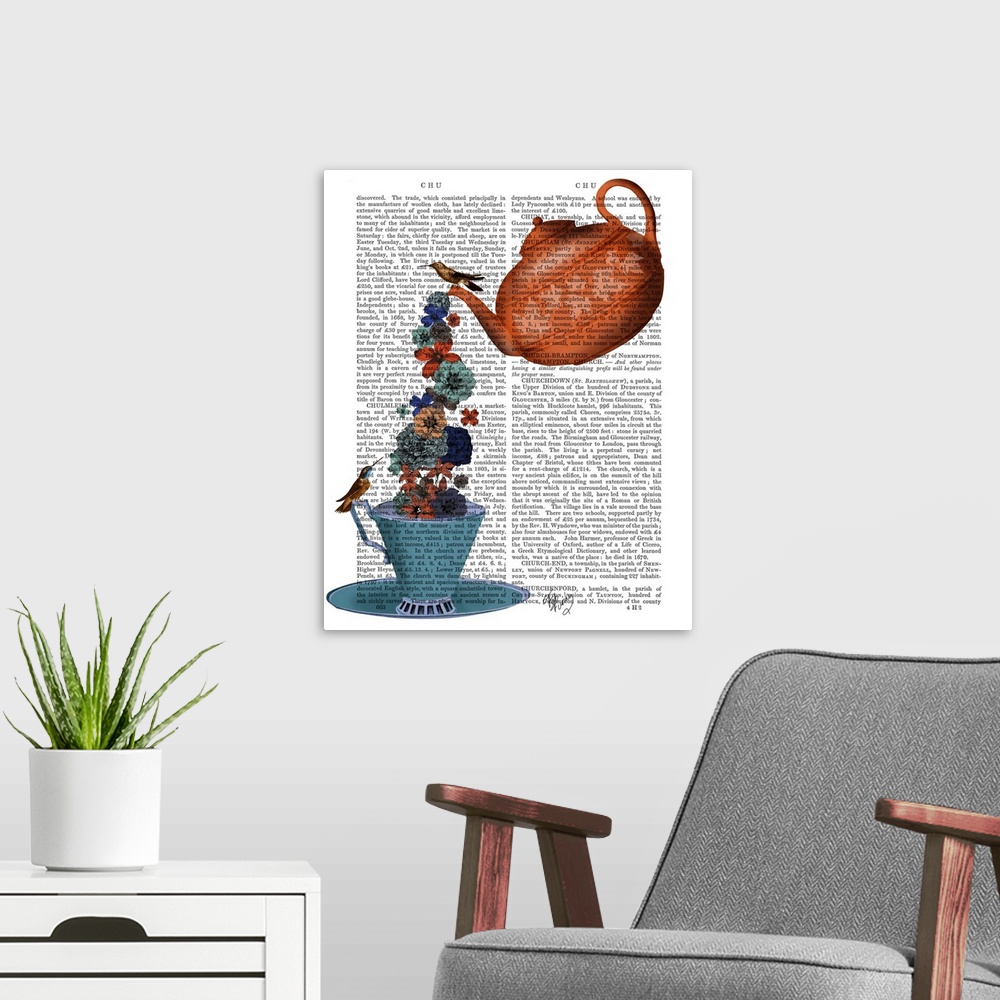 A modern room featuring Decorative artwork of a teapot pouring flowers into a teacup with two birds painted on the page o...