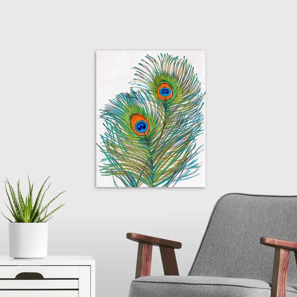 A modern room featuring Vivid Peacock Feathers I