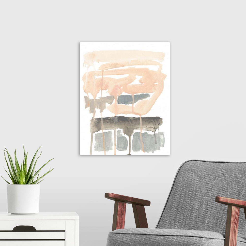 A modern room featuring Contemporary abstract painting of soft pink and gray brush strokes and paint drips.