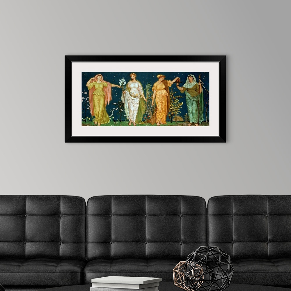 A modern room featuring Classic artwork that has four women each representing a different season from spring to winter.