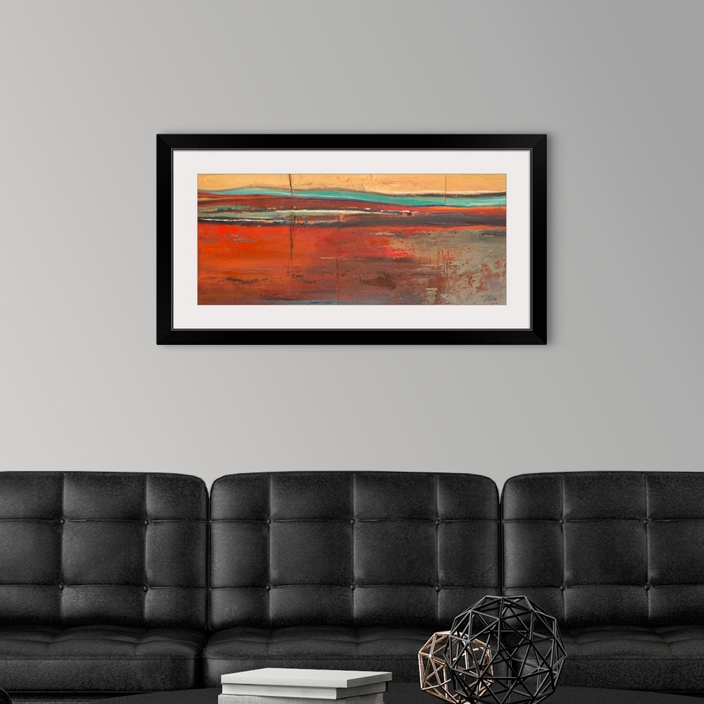 A modern room featuring Modern artwork of a landscape with a mix of warm and cool tones. Rough texture visible throughout...